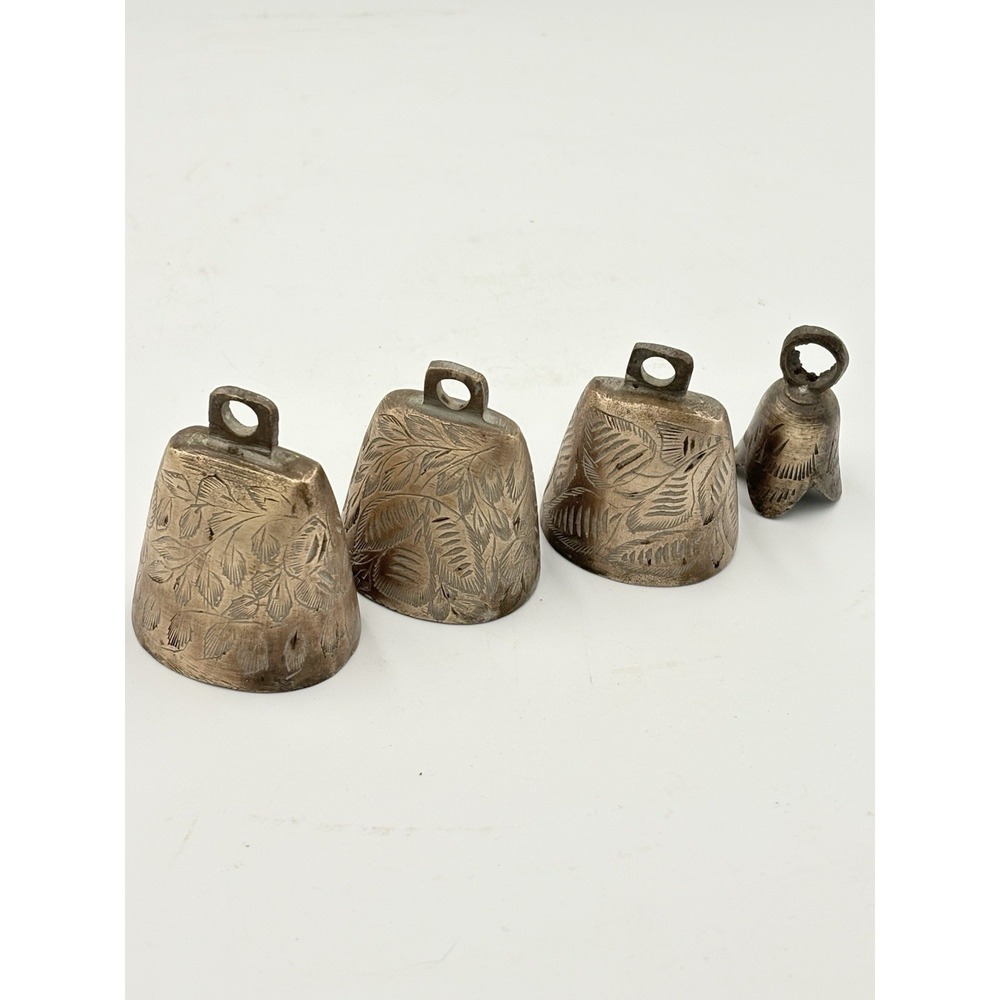 Vintage "Bells of Sarna India" Brass Bell Set Complete 4 Bells w/ Etched Design